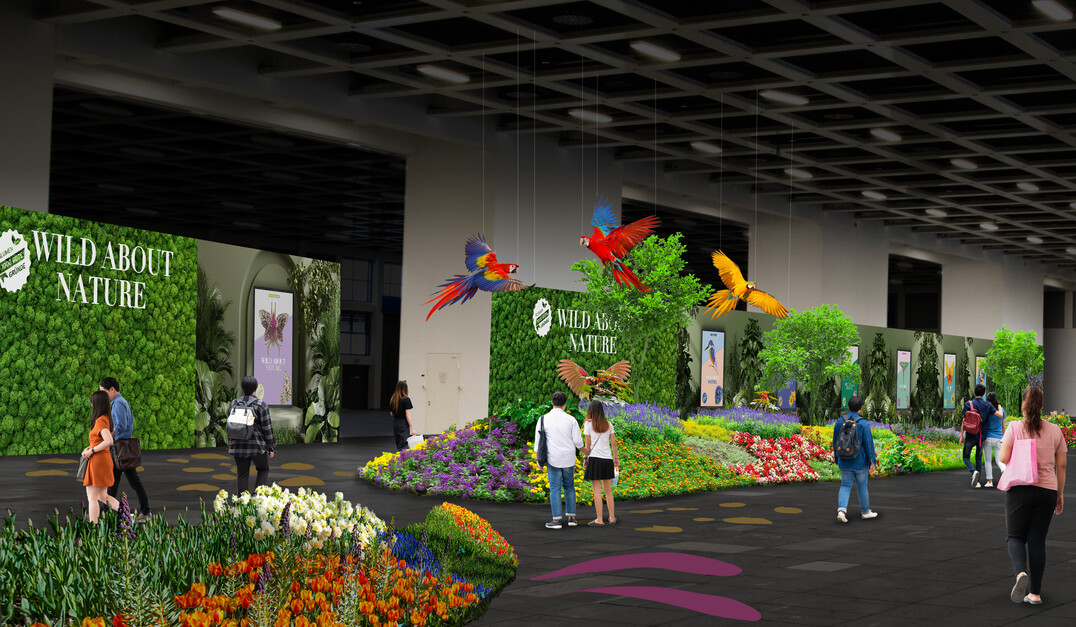 Die Visualisierung zeigt, wie die Blumenhalle auf der Internationalen Grnen Woche 2023 in Berlin aussehen soll.