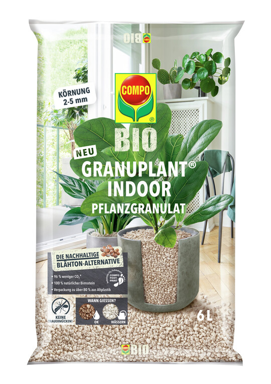 Mit spezieller Körnung von 2–5 mm bietet das neue „Compo Bio Granuplant Indoor“ Pflanzgranulat optimale Wachstumsbedingungen für alle Zimmer- und Balkonpflanzen. Es vereinfacht die Nährstoffaufnahme und verfügt über eine ausgezeichnete Wasserspeicher- und -leitfähigkeit. Das nachhaltige Pflanzgranulat ist sauber, sicher und hygienisch: Es beugt Trauermücken und anderen Schädlingen vor und ist auch für Allergiker geeignet. <br />
<a href="https://www.compo.de/" target="_blank" >www.compo.de</a>