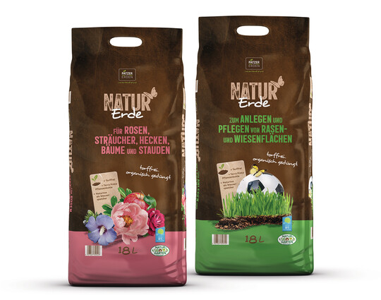 Zehn NATUR Erden, einen NATUR Mulch und zwei NATUR Bims-Granulate in verschiedenen Verpackungsgren umfasst das torffreie Sortiment. Das erweitert der Erdenhersteller zur neuen Gartensaison: Die NATUR Erde zum Anlegen und Pflegen von Rasen- und Wiesenflchen und die NATUR Erde fr Rosen, Strucher, Hecken, Bume & Stauden gibt es dann auch im 18-Liter-Beutel.