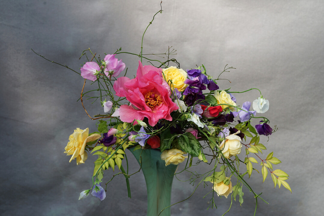 In diesem romantisch-charmanten Bouquet verleihen historische Rosen, Wicken und
<i>Paeonia suffruticosa</i>
einen Hauch von Nostalgie.