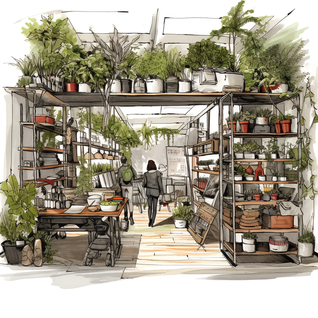 Visualisierung des Konzeptes Kiefl Urban Gardeners: Eine KI erklrt den Kunden, welche Pflanzen in ihre Wohnung oder Garten passen. Im Laden soll es vor allem Zimmerpflanzen geben, aber auch Kruter- und Balkonpflanzen und Dekoartikel. Das Flair soll schlicht, modern und nachhaltig sein. Wir wollen der modernen Technik natrliche und recycelte Materialien gegenberstellen, erklrt Jakob Kiefl. 