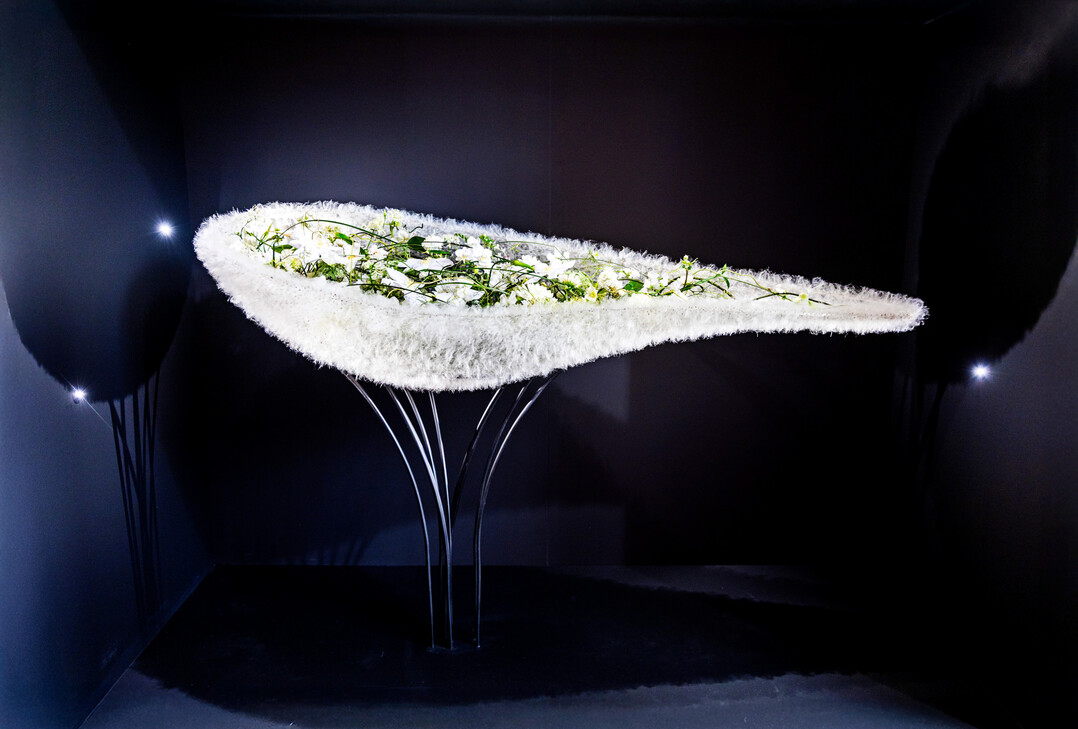 „Ein Moment, in dem Dunkelheit alles in Beziehung setzt“:
<b>Melanie Seeger</b>
ließ eine Schale aus Plexiglas fertigen, die sich verjüngt. Diese beklebte sie mit
<i>Gomphocarpus</i>
-Samen.