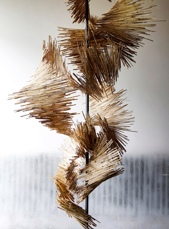 Das wollige Wei eines Winterpullovers sieht 
<b>Somi Choi</b>
 in ihrer Arbeit aus 
<i>Miscanthus sinensis</i>
. Sie fdelt die Halme des Chinaschilfs auf zwei Wickeldrhte und arrangiert die so entstandenen Schals, die eine Gesamtlnge von etwa 9 m haben, um die Stange. Einzelne Partien hngen mit einem Baumwollfaden an der Decke, um mehr Volumen zu erhalten. In seiner fernstlichen Schlichtheit und Eleganz wirkt das Werkstck zugleich umarmend und wrmend.