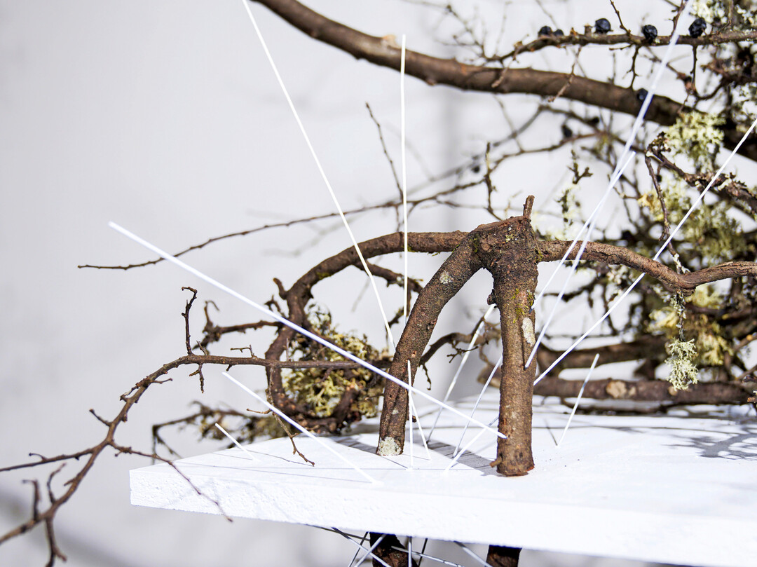 Wei lackierte Steckdrhte verbinden die Schlehenzweige auf den beiden Ebenen der Stele und erinnern an die kristalline Struktur der Schneeflocken.