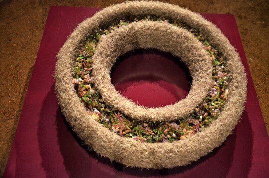 Pulsatilla-Samen umschließen das kleinteilige Blütenband im Kranz von
<b>Sarah von Aarburg</b>
. Er verkörpert den Übergang vom vergänglichen, irdischen Leben hin zum ewigen geistigen Leben.