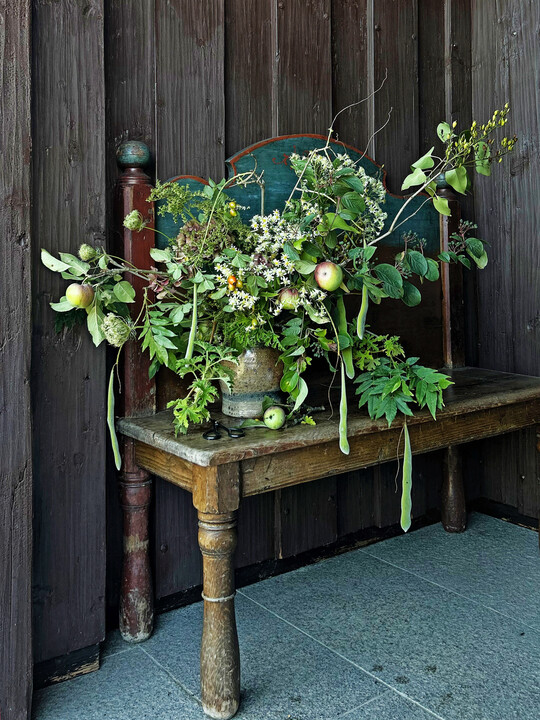 Texturvoll: Samenkapseln (
<i>Wisteria sinsensis</i>
) sind mit pfeln, 
<i>Doellingeria umbellata</i>
 undduftendem 
<i>Pelargonium </i>
zu einem berhngendem Strau gebunden.