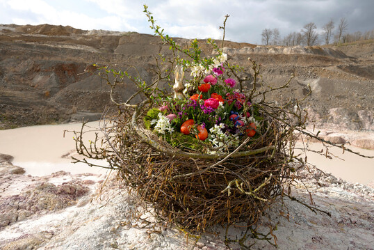 Ein �sterliches Nest, �schnell gemacht, gedacht f�r eine Eingangst�r�, erkl�rt Katharina Eidt. F�r die Bepflanzung wurde eine mit Erde gef�llte M�rtelwanne aus Kunststoff eingesetzt, die Apfel- und Birkenzweige h�lt ein Kupferdraht. Wei�e Zierquitte, Ranunkeln, Tulpen, Anemonen, Hyazinthen und Schachbrettblumen stammen aus regionaler Produktion heimischer Gartenbaubetriebe.