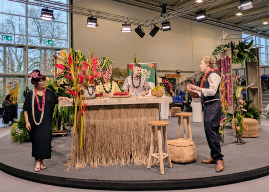 Ein Bar-Dekoration mit
<i> Heliconia, </i>
Ingwer 
und weiteren exotischen Bl�ten in einer Steckhilfe aus Bambuszuschnitten. 