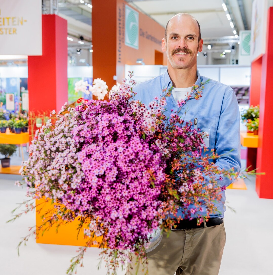 In der Kategorie Schnittblumen konnte Chamelaucium Ever Flowering Wax das Rennen machen. Diese australische Wachsblume von Nir Nursery aus Israel besticht durch die nahezu ganzjhrige Erntezeit. Im Bild: Asaf Nir, Nir Nursery.