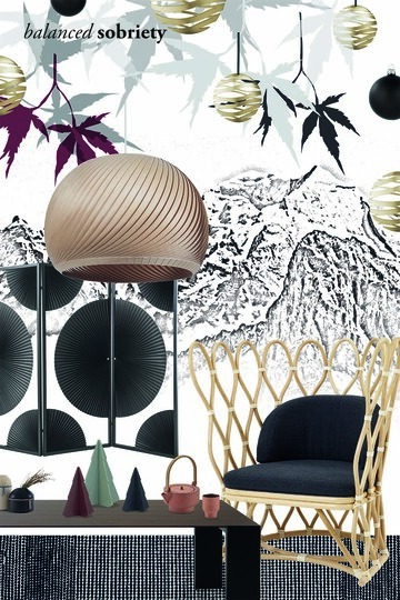 Der Christmasworld-Trend balanced sobriety ist von der japanischen Ästhetik inspiriert und hat eine ruhige und harmonische Ausstrahlung. Mit wenig das Wesentliche ausdrücken ist die Magabe. Wie das puristische Design gibt sich auch die Farbpalette bescheiden  mit zurückhaltenden Naturtönen von Reinwei über Rotgold und kühles Grau bis zu tiefem Bordeauxrot und Schwarz. Bei den Materialien dominieren helle Hölzer, mattes Messing und hochglänzende schwarze Oberflächen.
