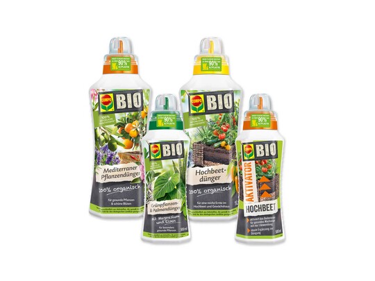 Compo Bio Hochbeetdnger, Compo Bio Grnpflanzen- und Palmendnger und Compo Bio Mediterraner Pflanzendnger