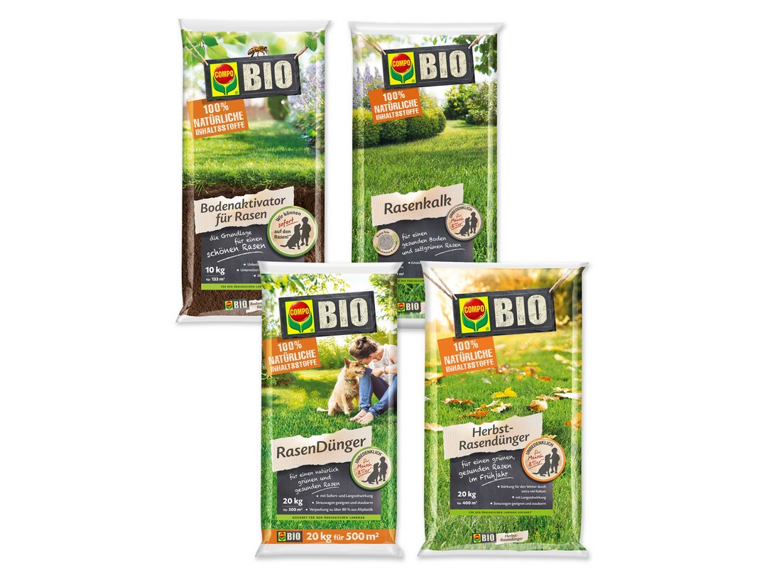 Compo Bio Bodenaktivator,Compo Bio Rasendnger,Compo Bio Herbstrasendnger und Compo Bio Rasenkalk