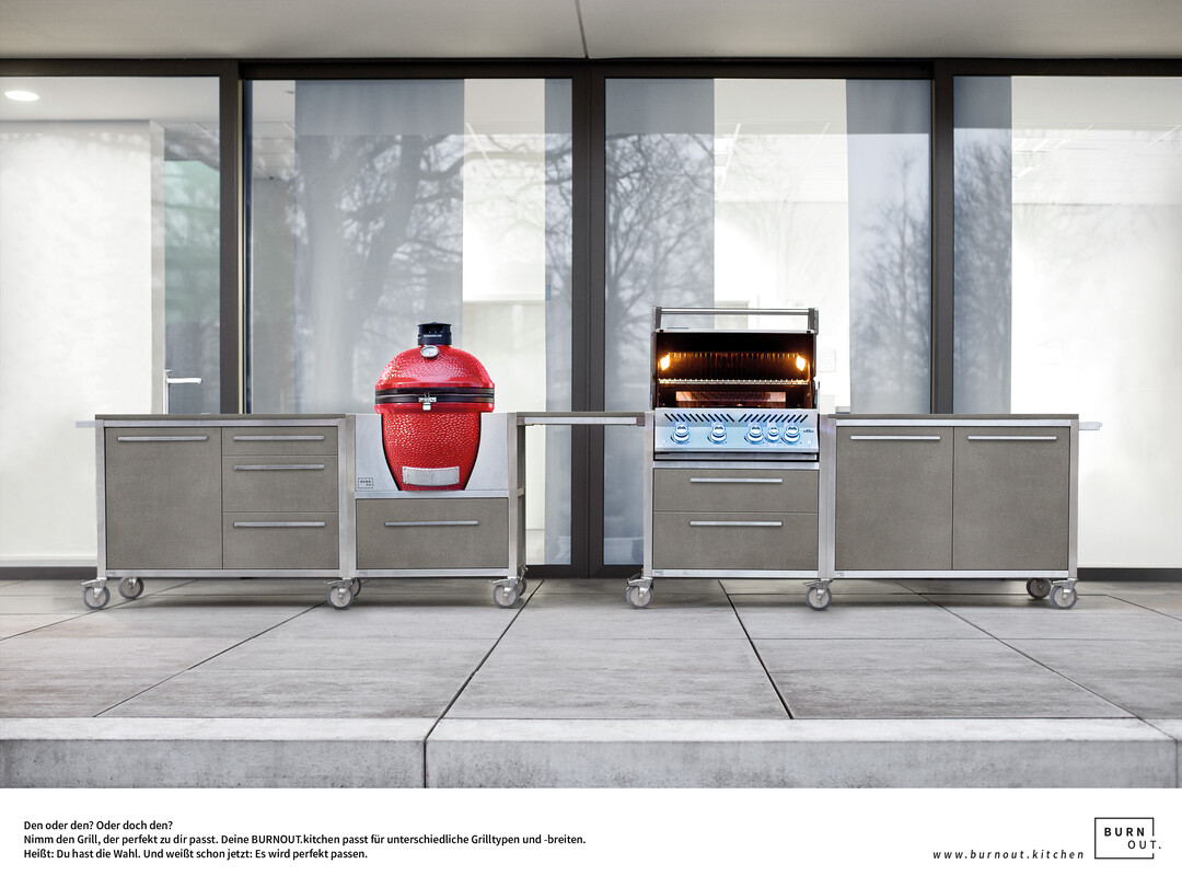 In die Outdoor-Kchen von Burnout Kitchen lassen sich die aktuellen Modelle von Broil King und Napoleon integrieren. Auch ein Kamado Joe, ein Big Green Egg oder ein Monolith Keramikgrill findet Platz in den Mbeln. Alle Module und Komponenten werden in Ostwestfalen gefertigt. 