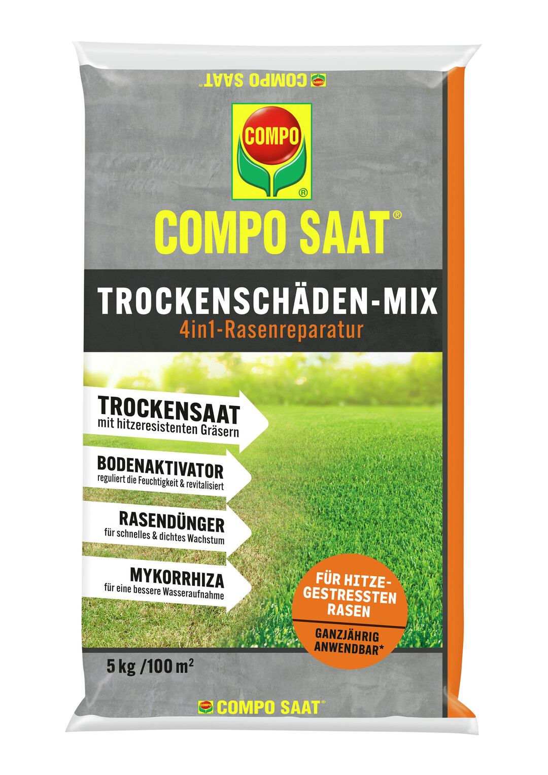 Heie, trockene Sommer oder mangelnde Bewsserung fhren zu braunem, verbranntem Rasen. Hier setzt der Compo Saat Trockenschden-Mix an: Die Grundlage fr einen schnen Rasen ist der enthaltene Bodenaktivator. Er reguliert die Feuchtigkeit im Boden und untersttzt die Keimung. Die Trockensaat selbst besteht aus besonders hitzeresistenten und wassersparenden, RSM-zertifizierten Grsern. Die enthaltenen Mykorrhiza-Pilze untersttzen eine bessere Wasser- und Nhrstoffaufnahme, der integrierte Rasendnger ein schnelles und dichtes Wachstum  fr ein schnelles Grn, das lange Freude bereitet.
