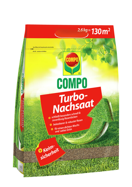 Lcken, die durch Trockenheit, Krankheit oder Insekten entstehen knnen, schliet die "Compo Turbo-Nachsaat" besonders schnell - die Rasenflche kann laut Hersteller bereits nach kurzer Zeit wieder genutzt werden. Die Turbo-Nachsaat sorgt zudem fr einen extrem belastbaren und robusten Rasen, dem spielende Kinder, die nchste Grillparty oder das Wetter deutlich weniger anhaben knnen.