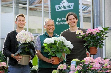 (von links): FCA-Spieler Christoph Janker, Robert Engelhard, Dehner Marktleiter in Augsburg Lechhausen und FCA-Spieler Marwin Hitz 