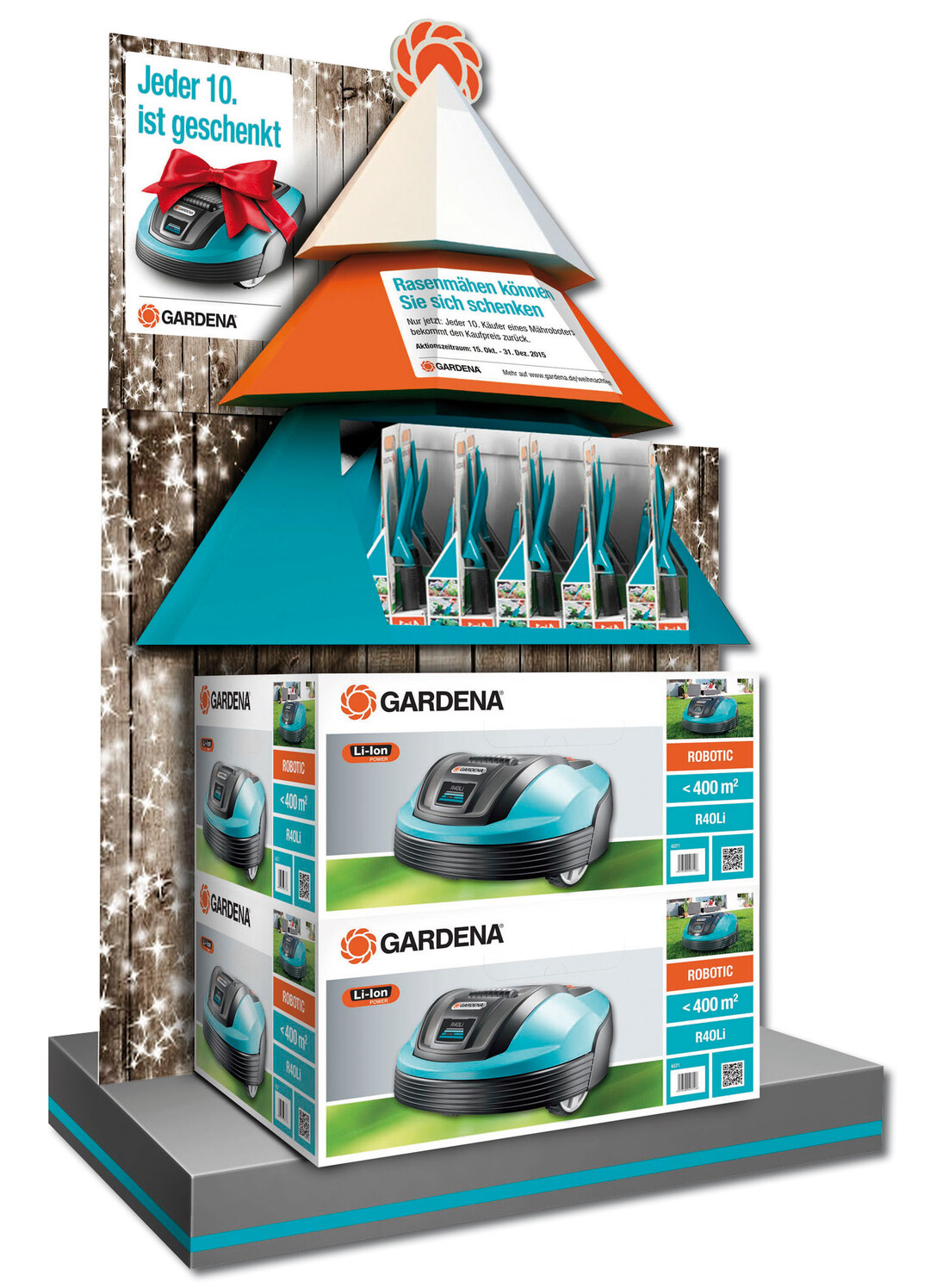 Mit der Weihnachtsaktion 2015 stellt GARDENA auch auerhalb der Gartensai-son den Mhroboter in den Fokus der Verbraucher. Jeder 10. Kufer, der im  Aktionszeitraum vom 15. Oktober bis 31. Dezember 2015 einen GARDENA Mhroboter erwirbt und bis zum 15. Januar 2016 online registriert, bekommt den Kaufpreis zurck.