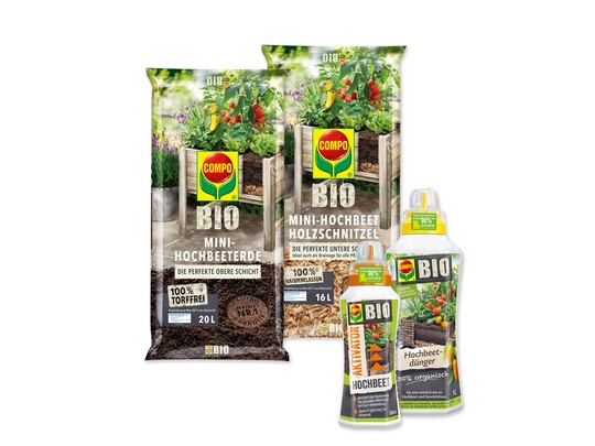 Bio Mini-Hochbeeterde, Bio Holzschnitzel in neuer Gre, Bio Hochbeet-Aktivator und Bio Hochbeetdnger