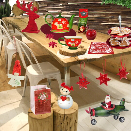 Herstellernachweis Produkte: Lichttte, Hirschkopf: Gehlmann Engel: Amanda Sterne: ProNa Etagere: Le Creuset Tee: La Vida Tischset: Continenta Tasse und Kanne: Jameson & Tailor Serviette: Ambiente Europe Winterkind: Edition Trtsch Weihnachtsmann im Flugzeug: Jolipa Eiskristalle: HobbyFun Deko-Apfel: Formano
