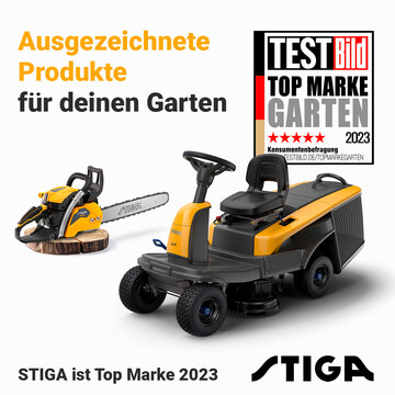 Stiga ist 2023 in zwei Kategorien unter den Gewinnern des TestbildAwards: Das Siegel Top Marke Garten 2023 tragen die Stiga Rasentraktoren, Aufsitzmher und Stiga Kettensgen. Die Kettensgen sind als Testsieger in der Rubrik Umwelt und Nachhaltigkeit ausgezeichnet worden.