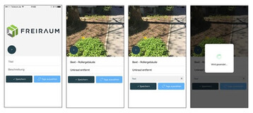 Bilder aufnehmen, kommentieren und teilen, mit nur wenigen Klicks  so funktioniert die FREIRAUM Applikation auf dem Mobiltelefon.