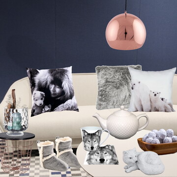 Herstellernachweis Produkte: Fellkissen, Eisbr-Kissen, Kupferleuchte, Gitter-Beistelltisch: Jolipa Kissen Inuit, Hausschuhe: Gehlmann Kanne: Jameson & Tailor Tasse, Serviette mit Wolf: Ambiente Europe Trffel in Holzschale: Art of chocolate Keramik-Wolf: Formano Glas: La Vida